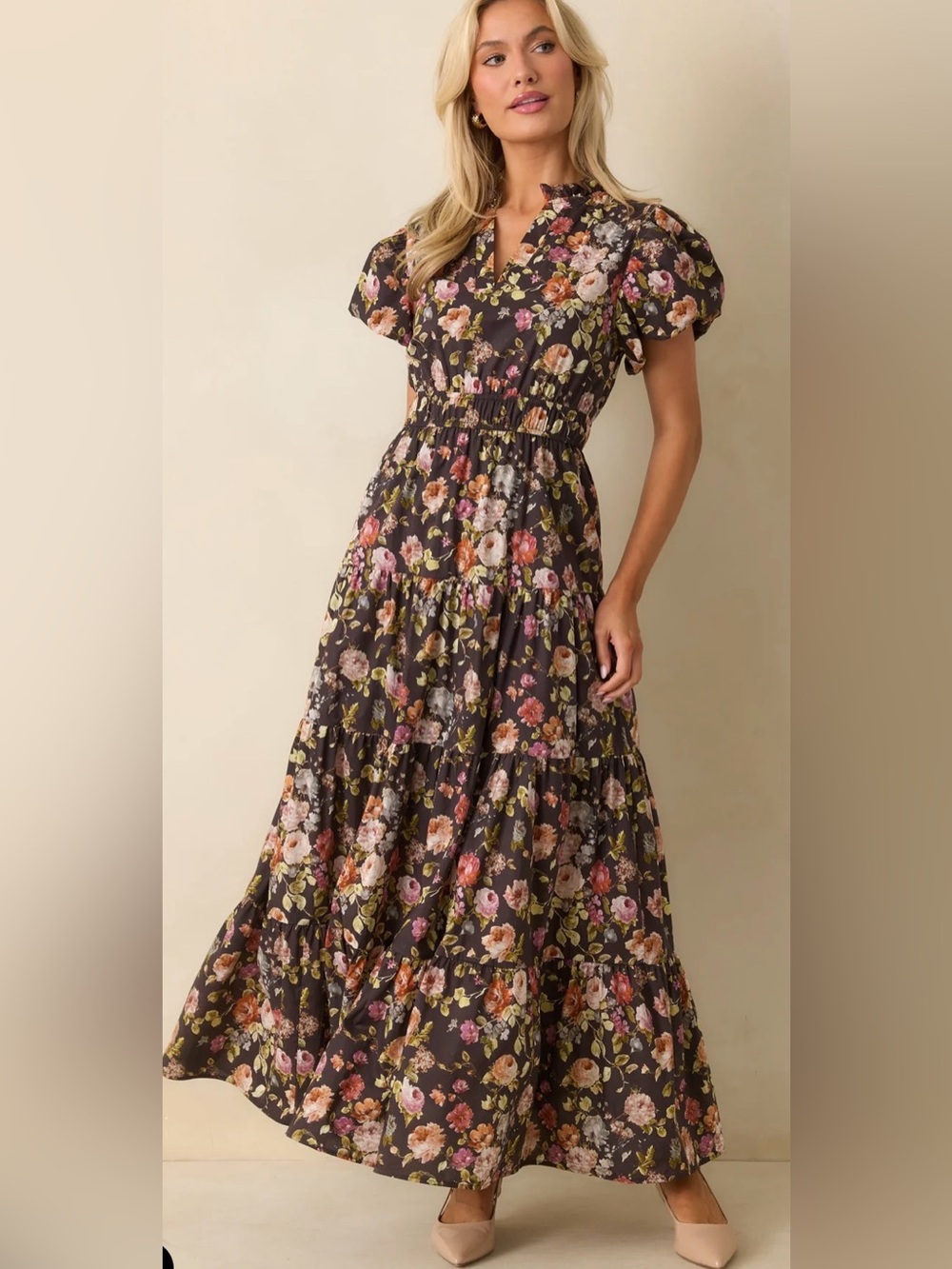 entro Brown Floral Puff-Sleeve Maxi Dress